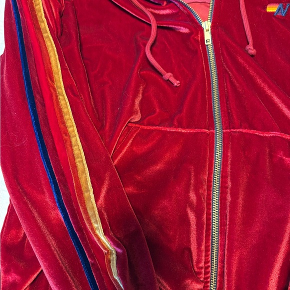 Aviator Nation Velvet Zip-Up Hoodie Red Rainbow Stripe Size S - Relaxed Fit - Picture 2 of 10